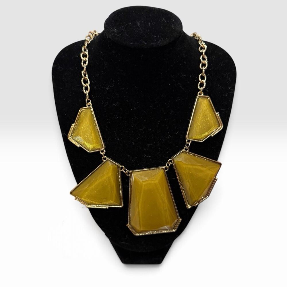 Olive Gold Geometric Statement Bib Necklace Glitter Resin Gold Tone 19-22"